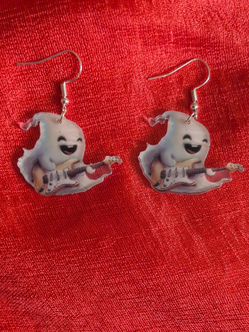 White Guitar Playing Happy Ghost Novelty Earrings Accessory